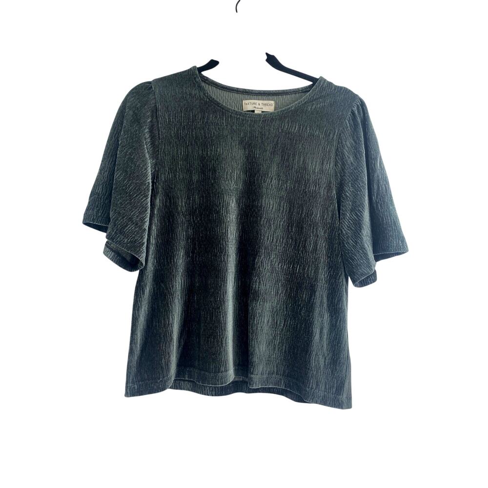 Madewell Texture Thread Velvet Top Small Green/Gray Short Sleeve Boxy